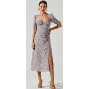 ASTR Yellow Red Floral Front Slit Milkmaid Midi Dress